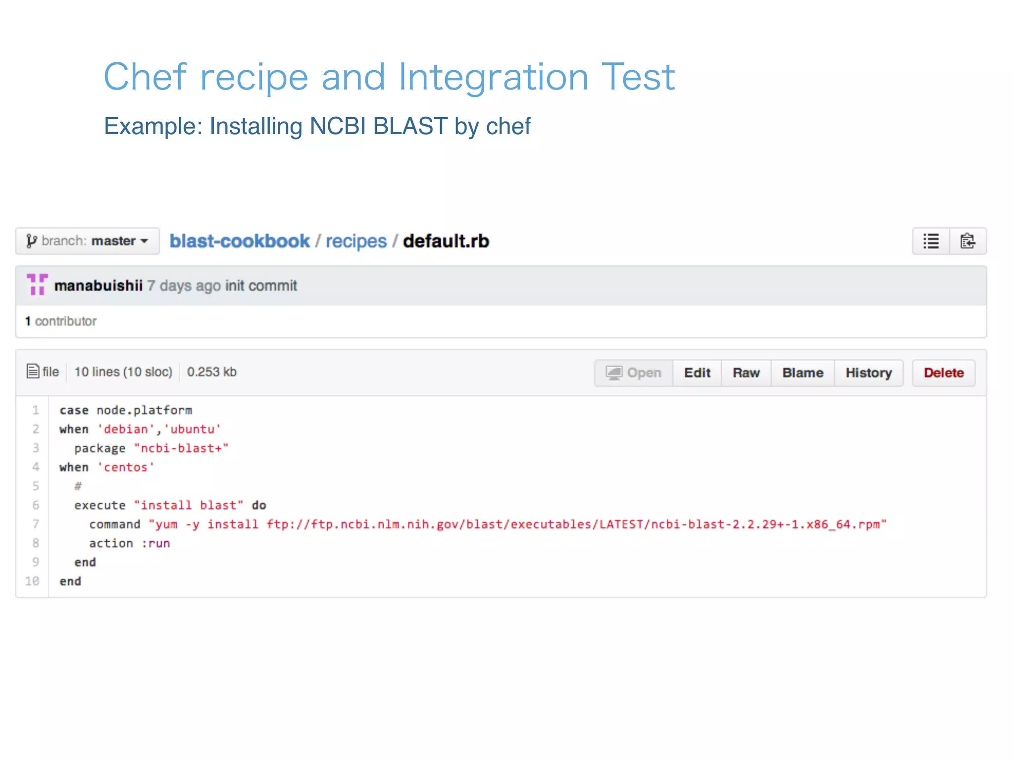 Chef recipe and Integration Test
Example: Installing NCBI BLAST by chef
 