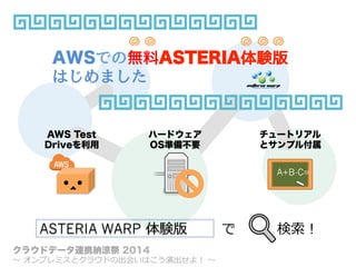 A+B-C=
AWS Test
Driveを利用
ハードウェア
OS準備不要
チュートリアル
とサンプル付属
ASTERIA WARP 体験版 で 検索索！
AWSでの無料ASTERIA体験版
はじめました
クラウドデータ連携納涼祭 2014
〜～  オンプレミスとクラウドの出会いはこう演出せよ！  〜～
 