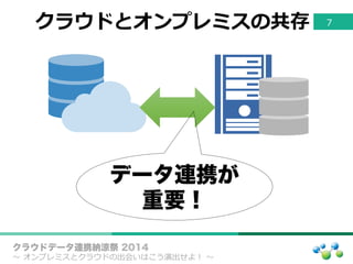 クラウドとオンプレミスの共存 7
クラウドデータ連携納涼祭 2014
〜～  オンプレミスとクラウドの出会いはこう演出せよ！  〜～
データ連携が
重要！
 