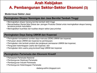 Arah Kebijakan 
A. Pembangunan Sektor-Sektor Ekonomi (3) 
Modernisasi Sektor Jasa: 
Peningkatan Ekspor Nonmigas dan Jasa Bernilai Tambah Tinggi 
• Meningkatkan ekspor barang bernilai tambah lebih tinggi 
• Memanfaatkan Rantai Nilai Global dan Jaringan Produksi Global untuk meningkatkan ekspor barang 
terutama produk manufaktur 
• Meningkatkan kuantitas dan kualitas ekspor sektor jasa prioritas 
Peningkatan Daya Saing UMKM dan Koperasi 
• Peningkatan kompetensi sumber daya manusia (SDM) UMKM dan koperasi; 
• Perluasan akses UMKM dan koperasi ke pembiayaan; 
• Peningkatan nilai tambah produk dan jangkauan pemasaran UMKM dan koperasi; 
• Penguatan kelembagaan usaha dan koperasi; dan 
• Peningkatan iklim usaha yang kondusif bagi UMKM dan koperasi 
Peningkatan Pariwisata dan Ekonomi Kreatif 
• Pemasaran Pariwisata Nasional 
• Pembangunan Destinasi Pariwisata 
• Pembangunan Industri Pariwisata 
• Pembangunan Kelembagaan Pariwisata 
dadang-solihin.blogspot.com 102 
 