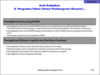 Arah Kebijakan 
D. Penguatan Faktor Utama Pembangunan Ekonomi (2) 
Ekonomi(9) 
Peningkatan Daya Saing BUMN: 
• meningkatkan pelayanan publik BUMN kepada masyarakat khususnya dalam penyediaan bahan 
kebutuhan pokok seperti pangan, energi, layanan perumahan/permukiman, dan layanan transportasi 
• meningkatkan daya saing BUMN dengan memantapkan struktur BUMN yang berdayaguna dan berhasil 
guna 
• membangun kapasitas dan kapabilitas BUMN 
Peningkatan Efisiensi Logistik dan Distribusi Nasional 
• Meningkatkan efisiensi jalur distribusi bahan pokok dan strategis 
• Mengembangkan sistem logistik dan distribusi termasuk sistem informasinya 
• Meningkatkan ketersediaan dan kapasitas SDM dan pelaku jasa Logistik 
• Meningkatkan efisiensi logistik pelabuhan 
dadang-solihin.blogspot.com 107 
 