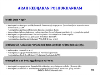 ARAH KEBIJAKAN POLHUKHANKAM 
Politik Luar Negeri 
• Meningkatkan kesiapan publik domestik dan meningkatnya peran (kontribusi) dan kepemimpinan 
Indonesia di ASEAN 
• Meningkatkan partisipasi Indonesia dalam perdamaian dunia 
• Menguatkan diplomasi ekonomi Indonesia dalam forum bilateral, multilateral, regional, dan global 
• Meningkatkan peran Indonesia dalam kerja sama selatan selatan dan triangular 
• Meningkatkan promosi dan pemajuan demokrasi dan HAM 
• Meningkatkan kualitas perlindungan WNI/BHI di luar negeri 
Peningkatan Kapasitas Pertahanan dan Stabilitas Keamanan Nasional 
• Melanjutkan Pemenuhan MEF 
• Meningkatkan upaya Pemeliharaan dan Perawatan (harwat) 
• Meningkatkan Kontribusi Industri Pertahanan bagi Alutsita TNI 
Pencegahan dan Penanggulangan Narkoba 
• Meningkatkan upaya terapi dan rehabilitasi korban penyalahguna narkoba (demand side) 
• Meningkatkan efektifitas pemberantasan penyalahgunaan dan peredaran gelap narkoba 
dadang-solihin.blogspot.com 114 
 