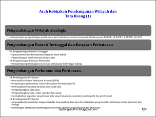 Arah Kebijakan Pembangunan Wilayah dan 
Tata Ruang (1) 
Pengembangan Wilayah Strategis 
•Mempercepat pengembangan pusat-pusat pertumbuhan ekonomi, termasuk diantaranya di 10 KEK, 13 KAPET, 4 KPBPB, 169 KPI 
Pengembangan Daerah Tertinggal dan Kawasan Perbatasan 
•A. Pengembangan Daerah Tertinggal 
•Upaya pemenuhan kebutuhan pelayanan dasar publik 
•Pengembangan perekonomian masyarakat 
•B. Pengembangan Kawasan Perbatasan 
•mempercepat pembangunan kawasan perbatasan di berbagai bidang 
Pengembangan Perkotaan dan Perdesaan 
•A. Pembangunan Perkotaan 
•Mewujudkan Sistem Perkotaan Nasional (SPN) 
•Mempercepat pemenuhan Standar Pelayanan Perkotaan (SPP) 
•mewujudkan kota aman, nyaman, dan layak huni 
•mengembangkan kota hijau 
•Mengembangkan kota cerdas yang berdaya saing 
•meningkatkan kapasitas pengelolaan kota yang transparan, akuntabel, partisipatif, dan profesional 
•B. Pembangunan Perdesaan 
•mewujudkan kemandirian masyarakat dan mewujudkan desa-desa berkelanjutan yang memiliki ketahanan sosial, ekonomi, dan 
ekologi 
•membangun keterkaitan pembangunan ekonomi lokal antara perdesaan dan perkotaan dadang-solihin.blogspot.com 124 
 