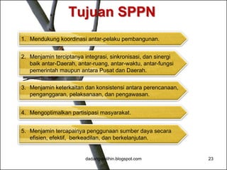 Tujuan SPPN 
1. Mendukung koordinasi antar-pelaku pembangunan. 
2. Menjamin terciptanya integrasi, sinkronisasi, dan sinergi 
baik antar-Daerah, antar-ruang, antar-waktu, antar-fungsi 
pemerintah maupun antara Pusat dan Daerah. 
3. Menjamin keterkaitan dan konsistensi antara perencanaan, 
penganggaran, pelaksanaan, dan pengawasan. 
4. Mengoptimalkan partisipasi masyarakat. 
5. Menjamin tercapainya penggunaan sumber daya secara 
efisien, efektif, berkeadilan, dan berkelanjutan. 
dadang-solihin.blogspot.com 23 
 
