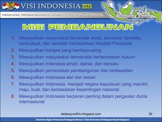 1. Mewujudkan masyarakat berakhlak mulia, bermoral, beretika, 
berbudaya, dan beradab berdasarkan falsafah Pancasila 
2. Mewujudkan bangsa yang berdaya-saing 
3. Mewujudkan masyarakat demokratis berlandaskan hukum 
4. Mewujudkan Indonesia aman, damai, dan bersatu 
5. Mewujudkan pemerataan pembangunan dan berkeadilan 
6. Mewujudkan Indonesia asri dan lestari 
7. Mewujudkan Indonesia menjadi negara kepulauan yang mandiri, 
maju, kuat, dan berbasiskan kepentingan nasional 
8. Mewujudkan Indonesia berperan penting dalam pergaulan dunia 
internasional 
dadang-solihin.blogspot.com 29 
 