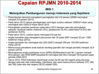 Capaian RPJMN 2010-2014 
MISI 1 
Melanjutkan Pembangunan menuju Indonesia yang Sejahtera 
• Pertumbuhan ekonomi mengalami peningkatan dari 4,6 persen (2009) meningkat 
menjadi 5,8 persen (2013) 
• Pada tahun 2013 neraca perdagangan nonmigas surplus sebesar USD8,6 milyar yang 
meningkat dari USD3,9 milyar tahun 2012 
• Peningkatan produksi pertanian pada tahun 2013 dengan rata-rata peningkatan 
sebesar: tanaman bahan makanan (2%), perkebunan (4,4%), peternakan (4,5%) dan 
perikanan (6,5%) 
• Pada tahun 2013, surplus beras mencapai 8,9 juta ton 
• Angka kematian bayi mengalami penurunan dari 34 pada 2007 menjadi 32 per 1.000 
kelahiran hidup (2012). 
• Angka kematian ibu meningkat dari 228 (2007) menjadi 359 per 100.000 kelahiran 
hidup (2012) 
• Menurunnya prevalensi anak baduta stunting (pendek dan sangat pendek) menjadi 32,9 
persen (2013) 
• Meningkatnya angka partisipasi murni (APM) SD/MI/paket A dari 94,1 persen menjadi 
95,8 persen, dan APM SMP/mts/paket B meningkat dari 65,2 menjadi 78,8 persen pada 
periode 2004-2012 
• Tahun 2012, PISA Indonesia menempati urutan ke 64 dari 65 negara yang disurvey, 
dengan rata-rata nilai matematika, membaca, dan sains berturut-turut sebesar 375, 395, 
dan 382 (rata-rata nilai negara OECD adalah 500). 
dadang-solihin.blogspot.com 46 
 