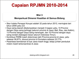 Capaian RPJMN 2010-2014 
Misi 3 
Memperkuat Dimensi Keadilan di Semua Bidang 
• Skor Indeks Persepsi Korupsi adalah 32 pada tahun 2013, meningkat dari 
tahun 2009 yaitu 2,8. 
• Daya saing daerah dikelompokkan menjadi 3 bagian yaitu, 10 Provinsi 
dengan Daya saing tertinggi (seluruh provinsi di Jawa, Bali, Riau, dan Kaltim), 
13 Provinsi dengan Daya saing menengah, dan 10 Provinsi dengan daya 
saing rendah (Sebagian besar seluruh Indonesia Timur). 
• Kontribusi PDRB masih didominasi oleh Provinsi-provinsi di Jawa, yaitu 
sebesar 58,87%, disusul provinsi di Sumatera sebesar 23,77%. 
• Pesentase kemiskinan di luar Jawa masih tinggi, tetapi jumlah penduduk 
miskin masih terkonsentrasi di Jawa 
dadang-solihin.blogspot.com 48 
 