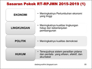 Sasaran Pokok RT-RPJMN 2015-2019 (1) 
• Meningkatnya Pertumbuhan ekonomi 
EKONOMI yang tinggi 
• Meningkatnya kualitas lingkungan 
hidup dan keberlanjutan 
pembangunan 
LINGKUNGAN 
POLITIK • Meningkatnya kualitas demokrasi 
• Terwujudnya sistem peradilan pidana 
dan perdata yang efisien, efektif, dan 
akuntabel 
HUKUM 
dadang-solihin.blogspot.com 85 
 