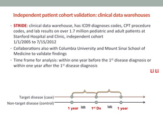 Independent	
  pa3ent	
  cohort	
  valida3on:	
  clinical	
  data	
  warehouses	
  
•  STRIDE:	
  clinical	
  data	
  warehouse,	
  has	
  ICD9	
  diagnoses	
  codes,	
  CPT	
  procedure	
  
codes,	
  and	
  lab	
  results	
  on	
  over	
  1.7	
  million	
  pediatric	
  and	
  adult	
  pa'ents	
  at	
  
Stanford	
  Hospital	
  and	
  Clinic,	
  independent	
  cohort	
  
1/1/2005	
  to	
  7/15/2012	
  
•  Collabora'ons	
  also	
  with	
  Columbia	
  University	
  and	
  Mount	
  Sinai	
  School	
  of	
  
Medicine	
  to	
  validate	
  ﬁndings	
  
•  Time	
  frame	
  for	
  analysis:	
  within	
  one	
  year	
  before	
  the	
  1st	
  disease	
  diagnosis	
  or	
  
within	
  one	
  year	
  ayer	
  the	
  1st	
  disease	
  diagnosis	
  
1st Dx
Target	
  disease	
  (case)	
  
Non-­‐target	
  disease	
  (control)	
  
lab lab
1 year 1 year
Li	
  Li	
  
 