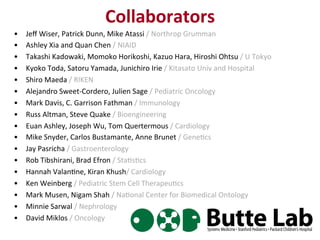 Collaborators	
  
•  Jeﬀ	
  Wiser,	
  Patrick	
  Dunn,	
  Mike	
  Atassi	
  /	
  Northrop	
  Grumman	
  
•  Ashley	
  Xia	
  and	
  Quan	
  Chen	
  /	
  NIAID	
  
•  Takashi	
  Kadowaki,	
  Momoko	
  Horikoshi,	
  Kazuo	
  Hara,	
  Hiroshi	
  Ohtsu	
  /	
  U	
  Tokyo	
  
•  Kyoko	
  Toda,	
  Satoru	
  Yamada,	
  Junichiro	
  Irie	
  /	
  Kitasato	
  Univ	
  and	
  Hospital	
  
•  Shiro	
  Maeda	
  /	
  RIKEN	
  
•  Alejandro	
  Sweet-­‐Cordero,	
  Julien	
  Sage	
  /	
  Pediatric	
  Oncology	
  
•  Mark	
  Davis,	
  C.	
  Garrison	
  Fathman	
  /	
  Immunology	
  
•  Russ	
  Altman,	
  Steve	
  Quake	
  /	
  Bioengineering	
  
•  Euan	
  Ashley,	
  Joseph	
  Wu,	
  Tom	
  Quertermous	
  /	
  Cardiology	
  
•  Mike	
  Snyder,	
  Carlos	
  Bustamante,	
  Anne	
  Brunet	
  /	
  Gene'cs	
  
•  Jay	
  Pasricha	
  /	
  Gastroenterology	
  
•  Rob	
  Tibshirani,	
  Brad	
  Efron	
  /	
  Sta's'cs	
  
•  Hannah	
  Valan'ne,	
  Kiran	
  Khush/	
  Cardiology	
  
•  Ken	
  Weinberg	
  /	
  Pediatric	
  Stem	
  Cell	
  Therapeu'cs	
  
•  Mark	
  Musen,	
  Nigam	
  Shah	
  /	
  Na'onal	
  Center	
  for	
  Biomedical	
  Ontology	
  
•  Minnie	
  Sarwal	
  /	
  Nephrology	
  
•  David	
  Miklos	
  /	
  Oncology	
  
 