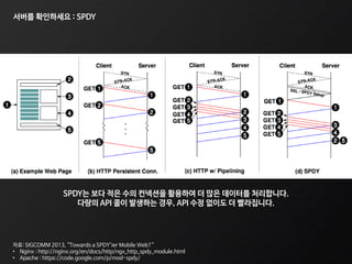 서버를 확인하세요 : SPDY
자료: SIGCOMM 2013, “Towards a SPDY’ier Mobile Web?”
• Nginx : http://nginx.org/en/docs/http/ngx_http_spdy_module.html
• Apache : https://code.google.com/p/mod-spdy/
SPDY는 보다 적은 수의 컨넥션을 활용하여 더 많은 데이터를 처리합니다.
다량의 API 콜이 발생하는 경우, API 수정 없이도 더 빨라집니다.
 