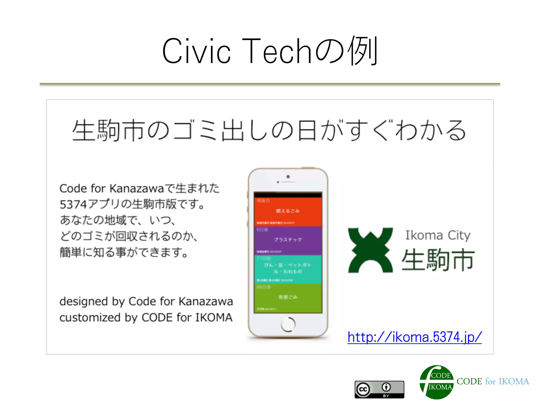 Civic Techの例
http://ikoma.5374.jp/
 