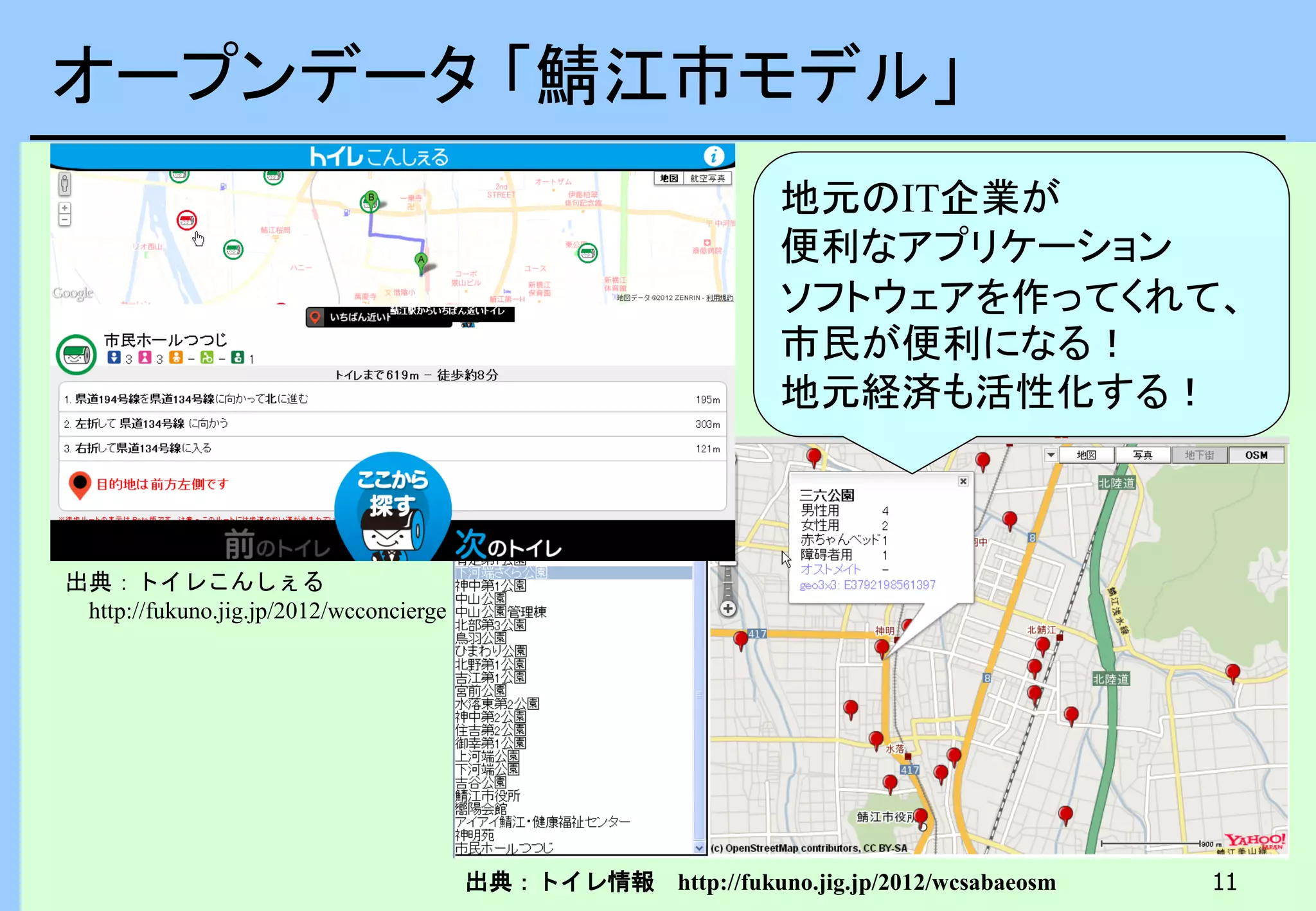 11
オープンデータ 「鯖江市モデル」
出典：トイレこんしぇる
http://fukuno.jig.jp/2012/wcconcierge
出典：トイレ情報 http://fukuno.jig.jp/2012/wcsabaeosm
地元のIT企業が
便利なアプリケーション
ソフトウェアを作ってくれて、
市民が便利になる！
地元経済も活性化する！
 