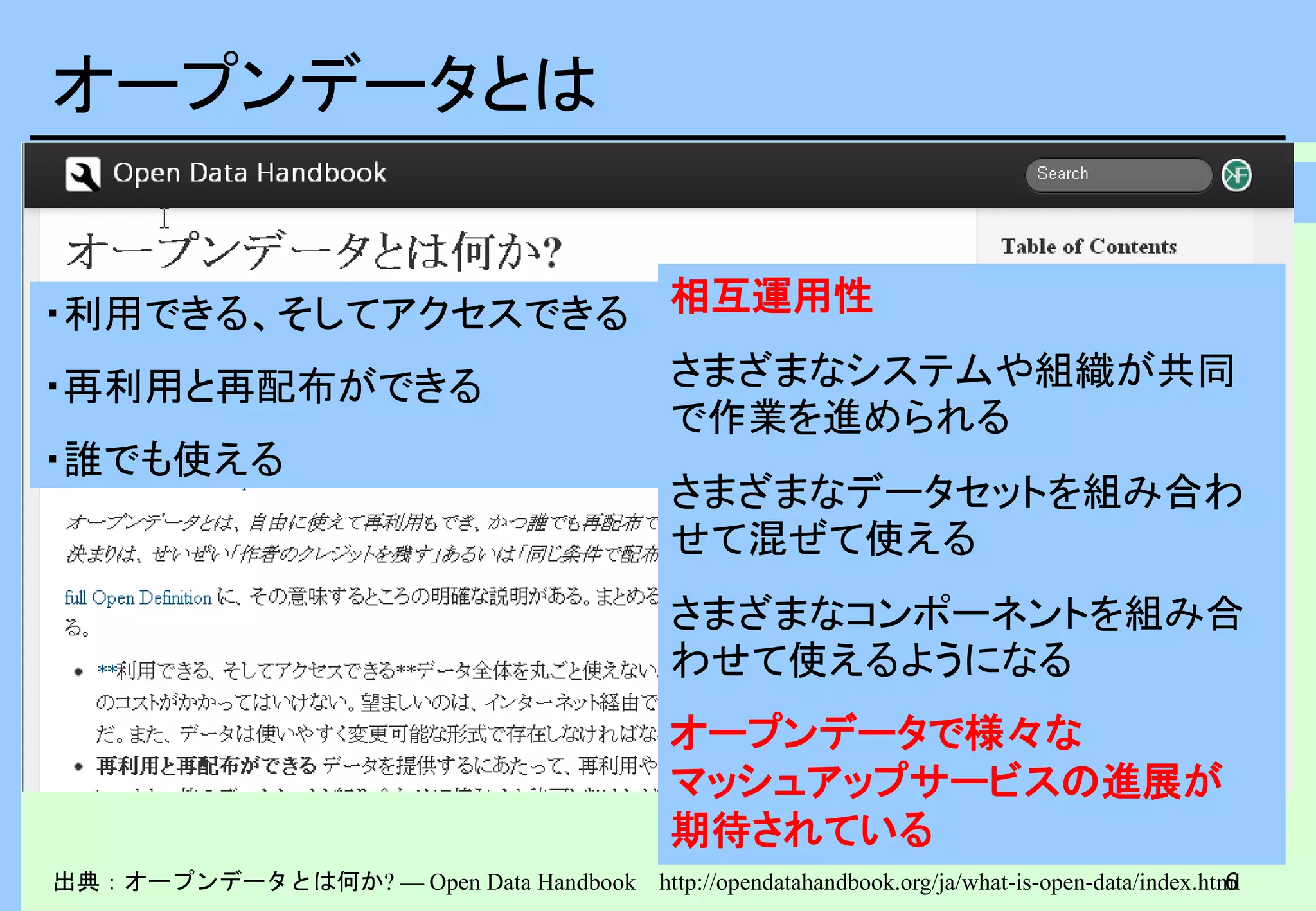 6
オープンデータとは
出典：オープンデータとは何か? — Open Data Handbook http://opendatahandbook.org/ja/what-is-open-data/index.html
・利用できる、そしてアクセスできる
・再利用と再配布ができる
・誰でも使える
相互運用性
さまざまなシステムや組織が共同
で作業を進められる
さまざまなデータセットを組み合わ
せて混ぜて使える
さまざまなコンポーネントを組み合
わせて使えるようになる
オープンデータで様々な
マッシュアップサービスの進展が
期待されている
 