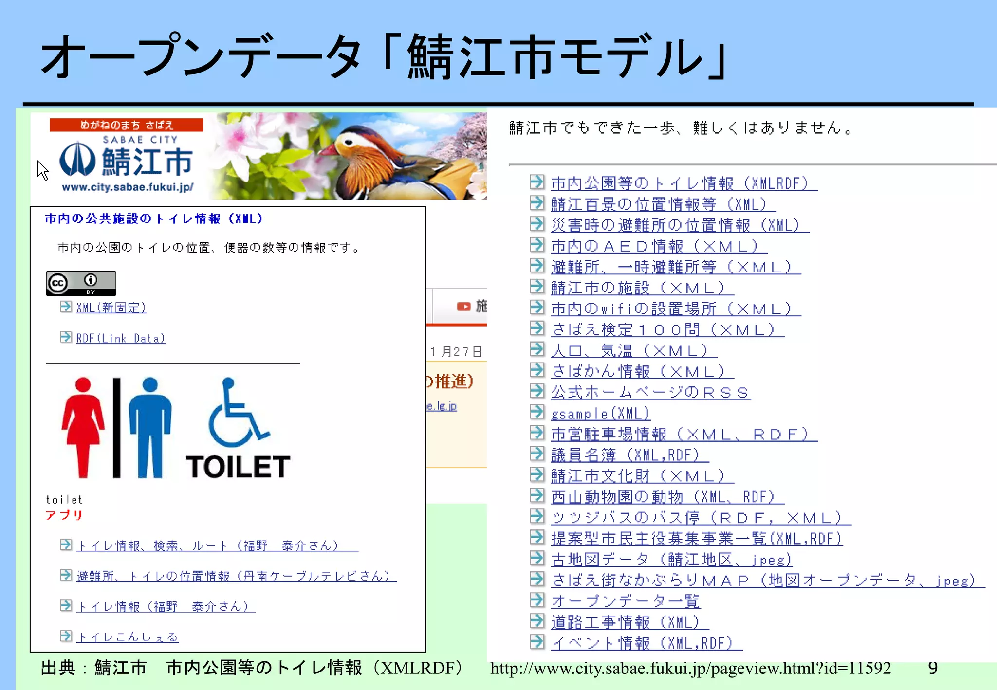 9
オープンデータ 「鯖江市モデル」
出典：鯖江市 市内公園等のトイレ情報（XMLRDF） http://www.city.sabae.fukui.jp/pageview.html?id=11592
 