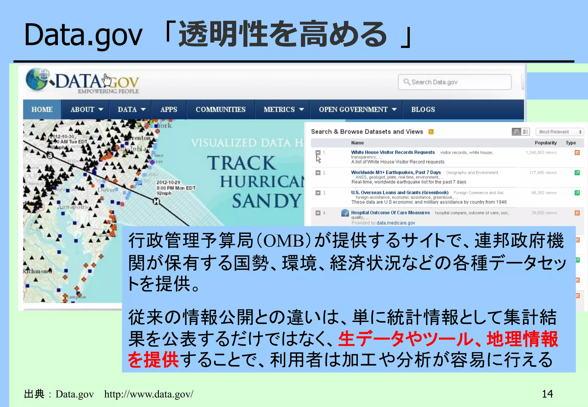 14
Data.gov 「透明性を高める 」
出典：Data.gov http://www.data.gov/
行政管理予算局（OMB）が提供するサイトで、連邦政府機
関が保有する国勢、環境、経済状況などの各種データセッ
トを提供。
従来の情報公開との違いは、単に統計情報として集計結
果を公表するだけではなく、生データやツール、地理情報
を提供することで、利用者は加工や分析が容易に行える
 