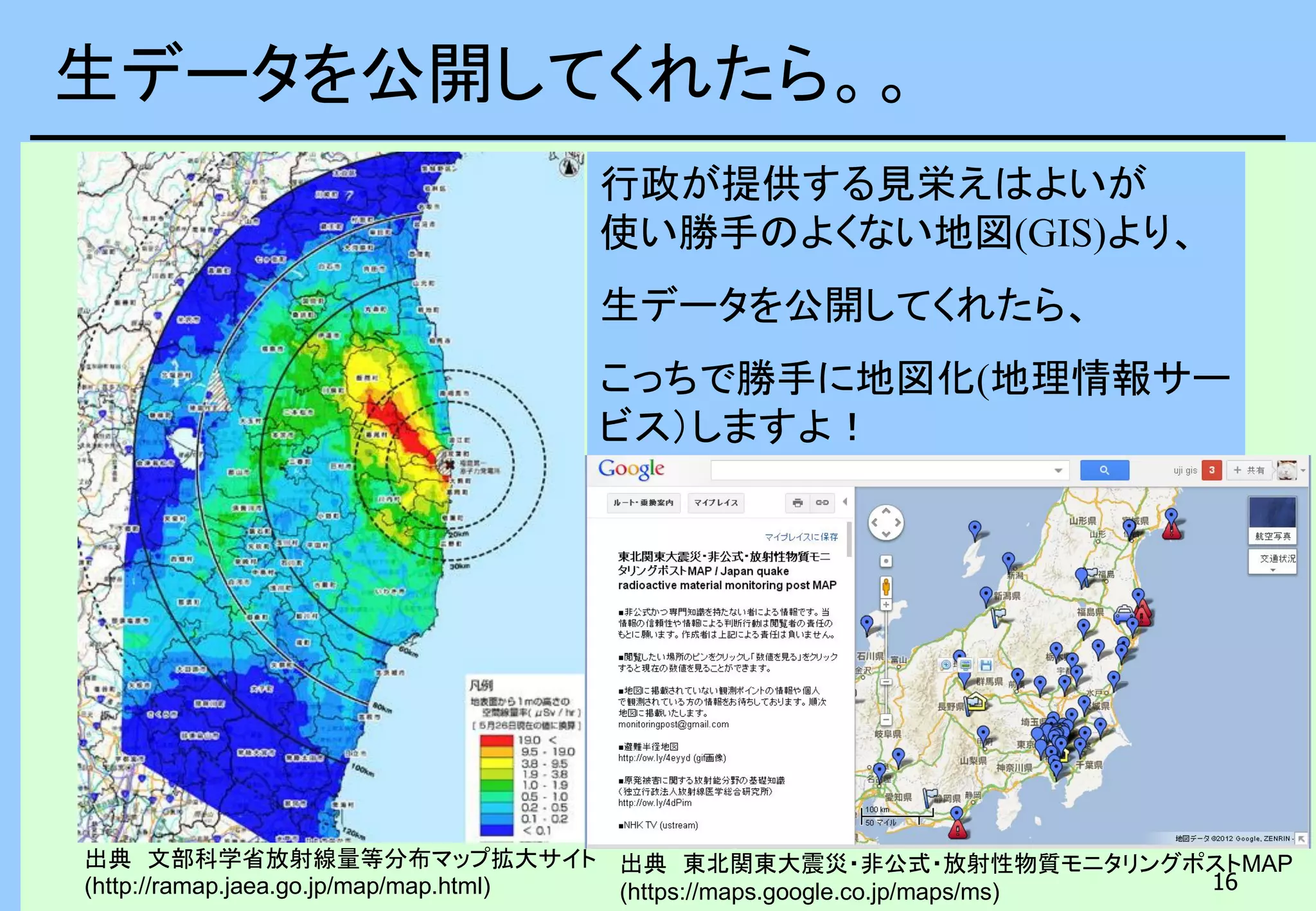 16
生データを公開してくれたら。。
出典 文部科学省放射線量等分布マップ拡大サイト
(http://ramap.jaea.go.jp/map/map.html)
出典 東北関東大震災・非公式・放射性物質モニタリングポストMAP
(https://maps.google.co.jp/maps/ms)
行政が提供する見栄えはよいが
使い勝手のよくない地図(GIS)より、
生データを公開してくれたら、
こっちで勝手に地図化(地理情報サー
ビス）しますよ！
 