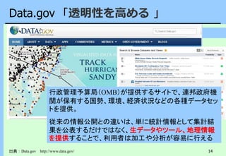 14
Data.gov 「透明性を高める 」
出典：Data.gov http://www.data.gov/
行政管理予算局（OMB）が提供するサイトで、連邦政府機
関が保有する国勢、環境、経済状況などの各種データセッ
トを提供。
従来の情報公開との違いは、単に統計情報として集計結
果を公表するだけではなく、生データやツール、地理情報
を提供することで、利用者は加工や分析が容易に行える
 