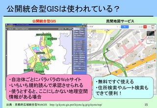 15
公開統合型GISは使われている？
出典：京都府広域統合型WebGIS http://g-kyoto.gis.pref.kyoto.lg.jp/g-kyoto/top/
・自治体ごとにバラバラのWebサイト
・いちいち規約読んで承認させられる
・使うとすると、ここにしかない地理空間
情報がある場合
・無料ですぐ使える
・住所検索やルート検索も
できて便利！
民間地図サービス公開統合型GIS
 