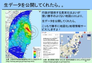 16
生データを公開してくれたら。。
出典 文部科学省放射線量等分布マップ拡大サイト
(http://ramap.jaea.go.jp/map/map.html)
出典 東北関東大震災・非公式・放射性物質モニタリングポストMAP
(https://maps.google.co.jp/maps/ms)
行政が提供する見栄えはよいが
使い勝手のよくない地図(GIS)より、
生データを公開してくれたら、
こっちで勝手に地図化(地理情報サー
ビス）しますよ！
 