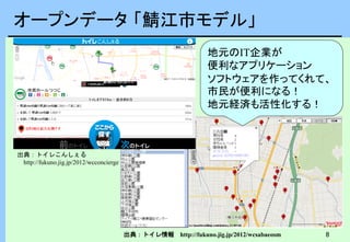 8
オープンデータ 「鯖江市モデル」
出典：トイレこんしぇる
http://fukuno.jig.jp/2012/wcconcierge
出典：トイレ情報 http://fukuno.jig.jp/2012/wcsabaeosm
地元のIT企業が
便利なアプリケーション
ソフトウェアを作ってくれて、
市民が便利になる！
地元経済も活性化する！
 