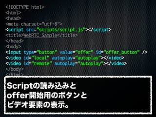 <!DOCTYPE html>
<html>
<head>
<meta charset="utf-8">
<script src="scripts/script.js"></script>
<title>WebRTC Sample</title>
</head>
<body>
<input type="button" value="offer" id="offer_button" />
<video id="local" autoplay="autoplay"></video>
<video id="remote" autoplay="autoplay"></video>
</body>
</html>
Scriptの読み込みと
offer開始用のボタンと
ビデオ要素の表示。
 