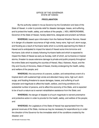 Proclamation in preparation of Hurricanes Iselle and Julio