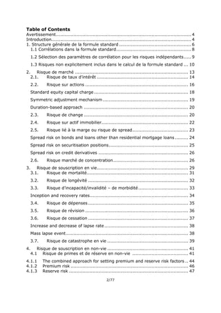 2/77
Table of Contents
Avertissement............................................................................................ 4
Introduction............................................................................................... 4
1. Structure générale de la formule standard ................................................. 6
1.1 Corrélations dans la formule standard................................................... 8
1.2 Sélection des paramètres de corrélation pour les risques indépendants..... 9
1.3 Risques non explicitement inclus dans le calcul de la formule standard ... 10
2. Risque de marché ............................................................................. 13
2.1. Risque de taux d’intérêt .............................................................. 14
2.2. Risque sur actions ...................................................................... 16
Standard equity capital charge ................................................................ 18
Symmetric adjustment mechanism .......................................................... 19
Duration-based approach ....................................................................... 20
2.3. Risque de change ....................................................................... 20
2.4. Risque sur actif immobilier........................................................... 22
2.5. Risque lié à la marge ou risque de spread...................................... 23
Spread risk on bonds and loans other than residential mortgage loans ......... 24
Spread risk on securitisation positions...................................................... 25
Spread risk on credit derivatives ............................................................. 26
2.6. Risque marché de concentration................................................... 26
3. Risque de souscription en vie.............................................................. 29
3.1. Risque de mortalité..................................................................... 31
3.2. Risque de longévité .................................................................... 32
3.3. Risque d’incapacité/invalidité – de morbidité.................................. 33
Inception and recovery rates................................................................... 34
3.4. Risque de dépenses .................................................................... 35
3.5. Risque de révision ...................................................................... 36
3.6. Risque de cessation .................................................................... 37
Increase and decrease of lapse rate......................................................... 38
Mass lapse event................................................................................... 38
3.7. Risque de catastrophe en vie ....................................................... 39
4. Risque de souscription en non-vie ....................................................... 41
4.1 Risque de primes et de réserve en non-vie ...................................... 41
4.1.1 The combined approach for setting premium and reserve risk factors .. 44
4.1.2 Premium risk ................................................................................ 46
4.1.3 Reserve risk ................................................................................. 47
 