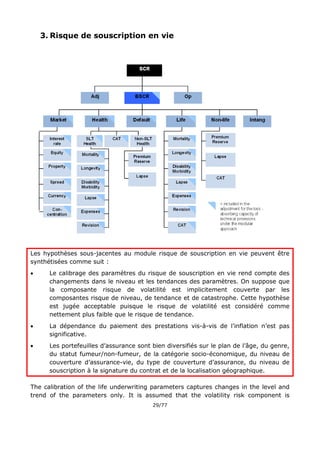 29/77
3. Risque de souscription en vie
Les hypothèses sous-jacentes au module risque de souscription en vie peuvent être
synthétisées comme suit :
 Le calibrage des paramètres du risque de souscription en vie rend compte des
changements dans le niveau et les tendances des paramètres. On suppose que
la composante risque de volatilité est implicitement couverte par les
composantes risque de niveau, de tendance et de catastrophe. Cette hypothèse
est jugée acceptable puisque le risque de volatilité est considéré comme
nettement plus faible que le risque de tendance.
 La dépendance du paiement des prestations vis-à-vis de l’inflation n’est pas
significative.
 Les portefeuilles d’assurance sont bien diversifiés sur le plan de l’âge, du genre,
du statut fumeur/non-fumeur, de la catégorie socio-économique, du niveau de
couverture d’assurance-vie, du type de couverture d’assurance, du niveau de
souscription à la signature du contrat et de la localisation géographique.
The calibration of the life underwriting parameters captures changes in the level and
trend of the parameters only. It is assumed that the volatility risk component is
 