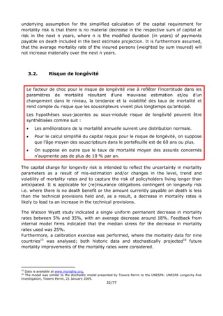 32/77
underlying assumption for the simplified calculation of the capital requirement for
mortality risk is that there is no material decrease in the respective sum of capital at
risk in the next n years, where n is the modified duration (in years) of payments
payable on death included in the best estimate projection. It is furthermore assumed,
that the average mortality rate of the insured persons (weighted by sum insured) will
not increase materially over the next n years.
3.2. Risque de longévité
Le facteur de choc pour le risque de longévité vise à refléter l’incertitude dans les
paramètres de mortalité résultant d’une mauvaise estimation et/ou d’un
changement dans le niveau, la tendance et la volatilité des taux de mortalité et
rend compte du risque que les souscripteurs vivent plus longtemps qu’anticipé.
Les hypothèses sous-jacentes au sous-module risque de longévité peuvent être
synthétisées comme suit :
 Les améliorations de la mortalité annuelle suivent une distribution normale.
 Pour le calcul simplifié du capital requis pour le risque de longévité, on suppose
que l’âge moyen des souscripteurs dans le portefeuille est de 60 ans ou plus.
 On suppose en outre que le taux de mortalité moyen des assurés concernés
n’augmente pas de plus de 10 % par an.
The capital charge for longevity risk is intended to reflect the uncertainty in mortality
parameters as a result of mis-estimation and/or changes in the level, trend and
volatility of mortality rates and to capture the risk of policyholders living longer than
anticipated. It is applicable for (re)insurance obligations contingent on longevity risk
i.e. where there is no death benefit or the amount currently payable on death is less
than the technical provisions held and, as a result, a decrease in mortality rates is
likely to lead to an increase in the technical provisions.
The Watson Wyatt study indicated a single uniform permanent decrease in mortality
rates between 5% and 35%, with an average decrease around 18%. Feedback from
internal model firms indicated that the median stress for the decrease in mortality
rates used was 25%.
Furthermore, a calibration exercise was performed, where the mortality data for nine
countries15
was analysed; both historic data and stochastically projected16
future
mortality improvements of the mortality rates were considered.
15
Data is available at www.mortality.org.
16
The model was similar to the stochastic model presented by Towers Perrin to the UNESPA: UNESPA Longevity Risk
Investigation, Towers Perrin, 21 January 2009.
 