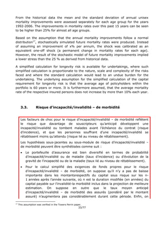 33/77
From the historical data the mean and the standard deviation of annual unisex
mortality improvements were assessed separately for each age group for the years
1992-2006. The improvements in mortality rates over this past 15 years can be seen
to be higher than 25% for almost all age groups.
Based on the assumption that the annual mortality improvements follow a normal
distribution17
, stochastically simulated future mortality rates were produced. Instead
of assuming an improvement of x% per annum, the shock was calibrated as an
equivalent one-off shock (a permanent change in mortality rates for each age).
However, the result of the stochastic model of future mortality improvements implied
a lower stress than the 25 % as derived from historical data.
A simplified calculation for longevity risk is available for undertakings, where such
simplified calculation is proportionate to the nature, scale and complexity of the risks
faced and where the standard calculation would lead to an undue burden for the
undertaking. The underlying assumption for the simplified calculation of the capital
requirement for longevity risk is that the average age of policyholders within the
portfolio is 60 years or more. It is furthermore assumed, that the average mortality
rate of the respective insured persons does not increase by more than 10% each year.
3.3. Risque d’incapacité/invalidité – de morbidité
Les facteurs de choc pour le risque d’incapacité/invalidité – de morbidité reflètent
le risque que davantage de souscripteurs qu’anticipé développent une
incapacité/invalidité ou tombent malades avant l’échéance du contrat (risque
d’incidence), et que les personnes souffrant d’une incapacité/invalidité se
rétablissent moins qu’attendu (risque lié au niveau de rétablissement).
Les hypothèses sous-jacentes au sous-module de risque d’incapacité/invalidité –
de morbidité peuvent être synthétisées comme suit :
 Le portefeuille d’assurance est bien diversifié en termes de probabilité
d’incapacité/invalidité ou de maladie (taux d’incidence) ou d’évolution de la
gravité de l’incapacité ou de la maladie (taux lié au niveau de rétablissement).
 Pour le calcul simplifié des exigences de fonds propres pour le risque
d’incapacité/invalidité – de morbidité, on suppose qu’il n’y a pas de baisse
importante dans les montantsrespectifs du capital sous risque sur les n-
1 années après l’année suivante, où n est la duration modifiée (en années) du
capital payable sur l’invalidité-la morbidité inclus dans la projection de meilleure
estimation. On suppose en outre que le taux moyen anticipé
d’incapacité/invalidité – de morbidité des assurés (pondéré par le montant
assuré) n’augmentera pas considérablement durant cette période. Enfin, on
17
This assumption was verified in the Towers Perrin paper.
 