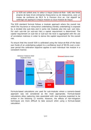 7/77
 Le SCR est calibré avec la valeur à risque (Value-at-Risk– VaR) des fonds
propres de base d’une entreprise d’assurance ou de réassurance, avec un
niveau de confiance de 99,5 % à l’horizon d’un an. Cet objectif de
calibrage est appliqué à chaque module ou sous-module de risque.
The SCR standard formula follows a modular approach where the overall risk
which the insurance or reinsurance undertaking (hereby undertaking) is exposed
to, is divided into sub-risks and in some risk modules also into sub- sub risks.
For each sub-risk (or sub-sub risk) a capital requirement is determined. The
capital requirement on sub-risk or sub-sub risk level is aggregated with the use
of correlation matrices in order to derive the capital requirement for the overall
risk.
To ensure that the overall SCR is calibrated using the Value-at-Risk of the basic
own funds of an undertaking subject to a confidence level of 99.5% over a one-
year period this calibration objective applies to each individual risk module in a
consistent manner.
Formula-based calculations are used for sub-modules where a scenario-based
approach was not considered as the most appropriate. Formula-based
calculations allow capturing risks associated with new business expected to be
written in the following 12 months. However, the effects of risk-mitigation
techniques are more difficult to take account when using a formula-based
calculation.
 