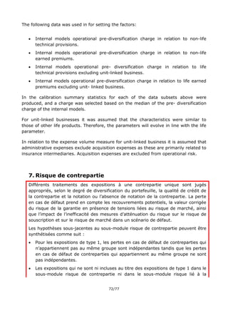 72/77
The following data was used in for setting the factors:
 Internal models operational pre-diversification charge in relation to non-life
technical provisions.
 Internal models operational pre-diversification charge in relation to non-life
earned premiums.
 Internal models operational pre- diversification charge in relation to life
technical provisions excluding unit-linked business.
 Internal models operational pre-diversification charge in relation to life earned
premiums excluding unit- linked business.
In the calibration summary statistics for each of the data subsets above were
produced, and a charge was selected based on the median of the pre- diversification
charge of the internal models.
For unit-linked businesses it was assumed that the characteristics were similar to
those of other life products. Therefore, the parameters will evolve in line with the life
parameter.
In relation to the expense volume measure for unit-linked business it is assumed that
administrative expenses exclude acquisition expenses as these are primarily related to
insurance intermediaries. Acquisition expenses are excluded from operational risk.
7. Risque de contrepartie
Différents traitements des expositions à une contrepartie unique sont jugés
appropriés, selon le degré de diversification du portefeuille, la qualité de crédit de
la contrepartie et la notation ou l’absence de notation de la contrepartie. La perte
en cas de défaut prend en compte les recouvrements potentiels, la valeur corrigée
du risque de la garantie en présence de tensions liées au risque de marché, ainsi
que l’impact de l’inefficacité des mesures d’atténuation du risque sur le risque de
souscription et sur le risque de marché dans un scénario de défaut.
Les hypothèses sous-jacentes au sous-module risque de contrepartie peuvent être
synthétisées comme suit :
 Pour les expositions de type 1, les pertes en cas de défaut de contreparties qui
n’appartiennent pas au même groupe sont indépendantes tandis que les pertes
en cas de défaut de contreparties qui appartiennent au même groupe ne sont
pas indépendantes.
 Les expositions qui ne sont ni incluses au titre des expositions de type 1 dans le
sous-module risque de contrepartie ni dans le sous-module risque lié à la
 