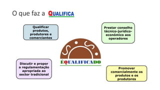 O que faz a
Qualificar
produtos,
produtores e
comerciantes
Prestar conselho
técnico-jurídico-
económico aos
operadores
Promover
comercialmente os
produtos e os
produtores
Discutir e propor
a regulamentação
apropriada ao
sector tradicional
 
