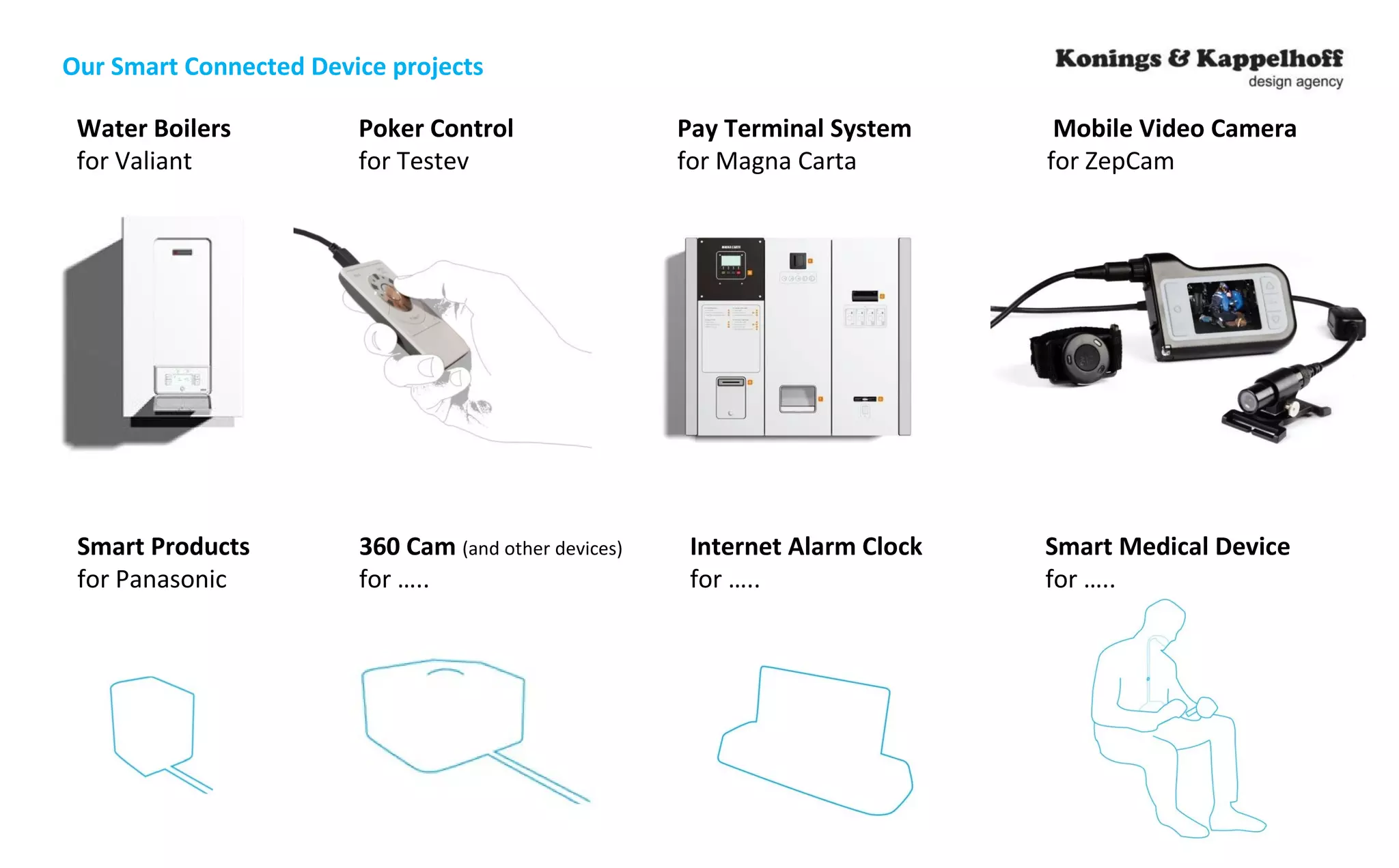 Our Smart Connected Device projects 
Water Boilers Poker Control Pay Terminal System Mobile Video Camera 
for Valiant for Testev for Magna Carta for ZepCam 
Smart Products 360 Cam (and other devices) Internet Alarm Clock Smart Medical Device 
for Panasonic for ….. for ….. for ….. 
 