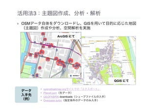 データ 
入手先 
（例）
• openstreetmap.orgサイトでの「エクスポート」
• Planet.osm（生データ）
• GEOFABRIK downloads（シェープファイルの入手）
• Overpass turbo（指定条件のデータのみ入手）
活用法3：主題図作成、分析・解析
• OSMデータ自体をダウンロードし、GISを用いて目的に応じた地図
（主題図）作成や分析、空間解析を実施
QGIS にて
ArcGIS にて
 