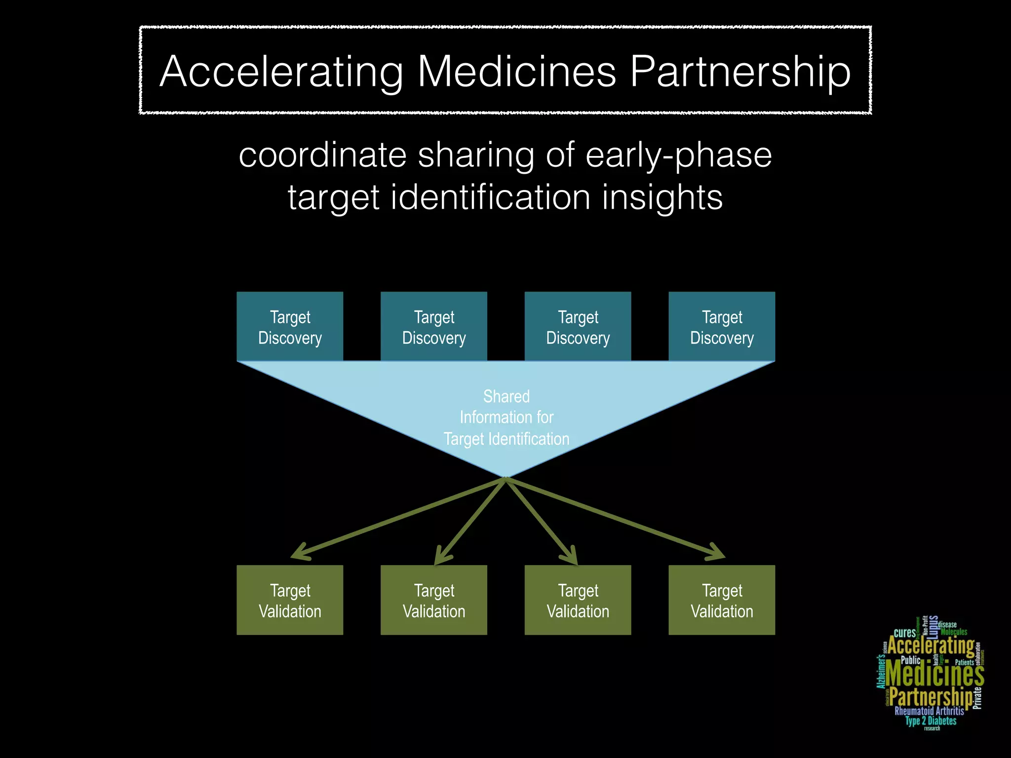 Accelerating Medicines Partnership
Target
Discovery
Target
Discovery
Target
Discovery
Target
Discovery
Target
Validation
Target
Validation
Target
Validation
Target
Validation
Shared
Information for
Target Identification
coordinate sharing of early-phase
target identiﬁcation insights
 