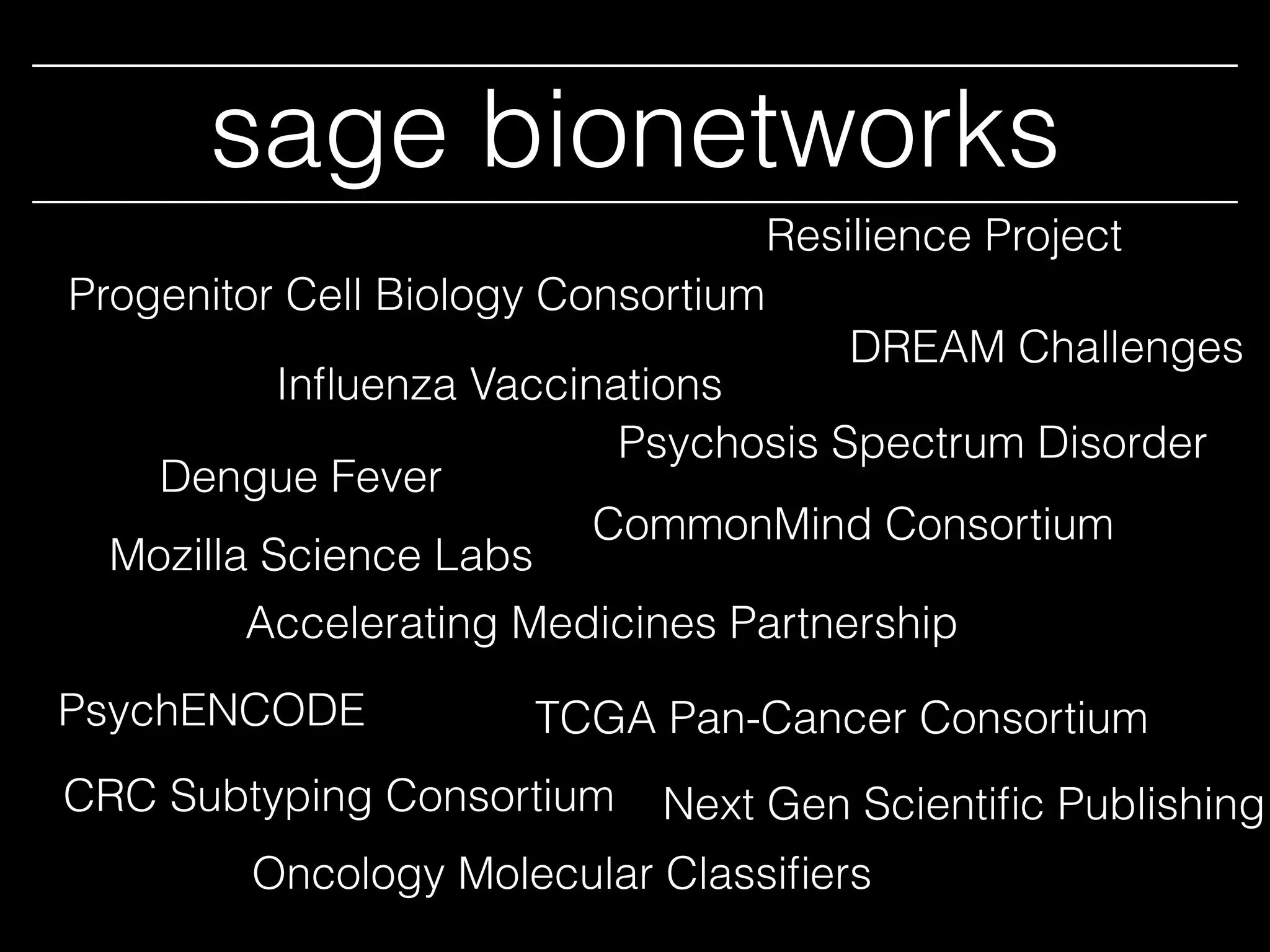 CRC Subtyping Consortium
DREAM Challenges
Progenitor Cell Biology Consortium
TCGA Pan-Cancer Consortium
CommonMind Consortium
PsychENCODE
Accelerating Medicines Partnership
Resilience Project
Inﬂuenza Vaccinations
Dengue Fever
Psychosis Spectrum Disorder
Oncology Molecular Classiﬁers
Next Gen Scientiﬁc Publishing
Mozilla Science Labs
sage bionetworks
 