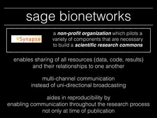 sage bionetworks
enables sharing of all resources (data, code, results)
and their relationships to one another
multi-chann...