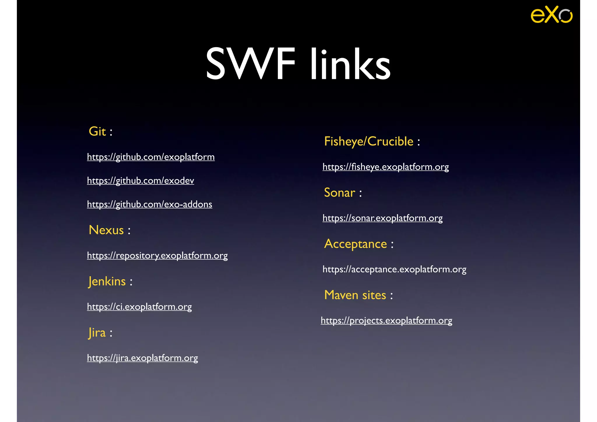 SWF links
Git : 	

https://github.com/exoplatform	

https://github.com/exodev	

https://github.com/exo-addons	

Nexus :	

https://repository.exoplatform.org	

Jenkins : 	

https://ci.exoplatform.org	

Jira : 	

https://jira.exoplatform.org	

Fisheye/Crucible : 	

https://ﬁsheye.exoplatform.org	

Sonar : 	

https://sonar.exoplatform.org	

Acceptance : 	

https://acceptance.exoplatform.org	

Maven sites : 	

https://projects.exoplatform.org	

 