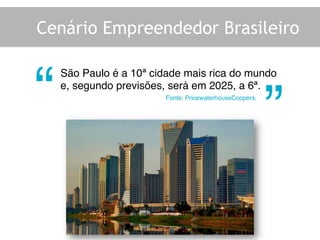 Cenário Empreendedor Brasileiro
São Paulo é a 10ª cidade mais rica do mundo
e, segundo previsões, será em 2025, a 6ª.!
“
“
Fonte: PricewaterhouseCoopers.!
 