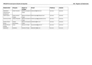 PROJETO Construção da Quadra de Esportes ISH - Registro de Stakeholder
Stakeholder Posição Papel no
Projeto
Email Telefone Celular
ANDERSON
FURLAN SILVA
RODRIGUES
Diretor Financeiro Membro da Equipe de
Projeto
andersonfsr@hotmail.com xxxx-xxxx xxxx-xxxx
Fabrício Aquino Diretor de Novos
Projetos
Membro da Equipe de
Projeto
fabricio.aquino@buhlergroup.com xxxx-xxxx xxxx-xxxx
Francisco de Paula Diretor de Esportes Membro da Equipe de
Projeto
francisco.paula@grupotodimo.com.br xxxx-xxxx xxxx-xxxx
Karoline Oliveira
Barreto
Diretora
Administrativa
Membro da Equipe de
Projeto
karolbarreto@msn.com xxxx-xxxx xxxx-xxxx
Ronaldo Pinto de
Andrade
Diretor Sponsor do Projeto eng.rpandrade@gmail.com xxxx-xxxx xxxx-xxxx
stakeholder1 presidente Gerente do Projeto stakeholder1@fgv.com xxxx-xxxx xxxx-xxxx
 