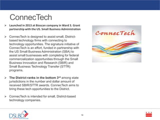 ConnecTech
14
 Launched in 2013 at Bioscan company in Ward 3. Grant
partnership with the US. Small Business Administration
 ConnecTech is designed to assist small, District-
based technology firms with connecting to
technology opportunities. The signature initiative of
ConnecTech is an effort, funded in partnership with
the US Small Business Administration (SBA) to
assist small businesses with completing for federal
commercialization opportunities through the Small
Business Innovation and Research (SBIR) and
Small Business Technology Transfer (STTR)
programs.
 The District ranks in the bottom 3rd among state
jurisdictions in the number and dollar amount of
received SBIR/STTR awards. ConnecTech aims to
bring these tech opportunities to the District.
 ConnecTech is intended for small, District-based
technology companies.
 