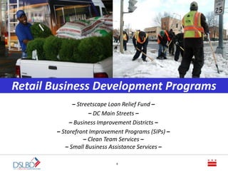 8
Local Business Development
Johannesburg
– Streetscape Loan Relief Fund –
– DC Main Streets –
– Business Improvement Districts –
– Storefront Improvement Programs (SIPs) –
– Clean Team Services –
– Small Business Assistance Services –
Retail Business Development Programs
 