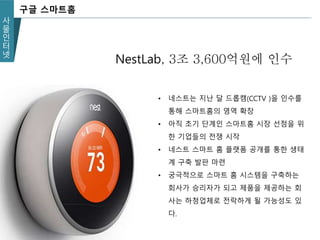 사
물
인
터
넷
구글 스마트홈
• 네스트는 지난 달 드롭캠(CCTV )을 인수를
통해 스마트홈의 영역 확장
• 아직 초기 단계인 스마트홈 시장 선점을 위
한 기업들의 전쟁 시작
• 네스트 스마트 홈 플랫폼 공개를 통한 생태
계 구축 발판 마련
• 궁극적으로 스마트 홈 시스템을 구축하는
회사가 승리자가 되고 제품을 제공하는 회
사는 하청업체로 전락하게 될 가능성도 있
다.
NestLab, 3조 3,600억원에 인수
 