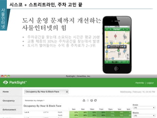 사
물
인
터
넷
시스코 + 스트리트라인, 주차 고민 끝
 주차공간을 찾는데 소요되는 시간은 평균 20분
 교통 체증의 30%는 주차공간을 찾는데서 발생
 도시가 벌어들이는 수익 중 주차료가 2~3위
도시 운영 문제까지 개선하는
사물인터넷의 힘
 