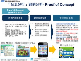 3
Copyright 2014
All Rights Reserved
「台北好行」案例分析- Proof of Concept
資料來源：臺北市政府交通局;工研院IEK分析
• 臺北市自1991年發展電腦化號
誌系統以來，持續推動ITS已20
年
• 1996年推出ATIS網站
• 2007年智慧型手機持有率上升
• 2010臺北國際花卉博覽會，開
發「花博行」APP
Proof of Concept
(創意/概念驗證)
過去的經驗累積
1996 ATIS網站 2010臺北國際花卉博覽會
• 需求的證明與測試關鍵指標：
1996年推出ATIS網站，2007年
智慧型手機持有率上升，逐漸凝
聚行動App的共識與需求的證明
與測試關鍵指標
• 技術成熟：ITS技術累積20年資
訊系統技術開發經驗
• 擴大應用場域：2010臺北國際
花卉博覽會，實現可擴大北市服
務場域，同時滿足開創施政創新
服務
實施關鍵重點
2011年臺北好行
創新服務發想
• 讓有限的交通運輸的
服務做最有效率的應
用
• 增加行動化的服務，
便利台北市民行動化
的發展
• 轉變為使用者導向
 