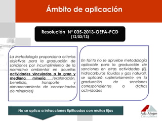 Ámbito de aplicación
Resolución N° 035-2013-OEFA-PCD
(12/03/13)
La Metodología proporciona criterios
objetivos para la graduación de
sanciones por incumplimiento de la
normativa ambiental en aquellas
actividades vinculadas a la gran y
mediana minería (explotación,
beneficio, transporte y
almacenamiento de concentrados
de minerales)
No se aplica a infracciones tipificadas con multas fijas
En tanto no se apruebe metodología
aplicable para la graduación de
sanciones en otras actividades (Ej.
hidrocarburos líquidos y gas natural),
se aplicará supletoriamente en la
graduación de sanciones
correspondientes a dichas
actividades
 