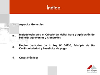 Índice
1.- Aspectos Generales
2.-
Metodología para el Cálculo de Multas Base y Aplicación de
Factores Agravantes y Atenuantes
3.-
Efectos derivados de la Ley N° 30230, Principio de No
Confiscatoriedad y Beneficios de pago
4.- Casos Prácticos
 