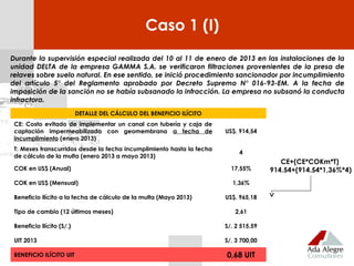 Durante la supervisión especial realizada del 10 al 11 de enero de 2013 en las instalaciones de la
unidad DELTA de la empresa GAMMA S.A. se verificaron filtraciones provenientes de la presa de
relaves sobre suelo natural. En ese sentido, se inició procedimiento sancionador por incumplimiento
del artículo 5° del Reglamento aprobado por Decreto Supremo N° 016-93-EM. A la fecha de
imposición de la sanción no se había subsanado la infracción. La empresa no subsanó la conducta
infractora.
Caso 1 (I)
DETALLE DEL CÁLCULO DEL BENEFICIO ILÍCITO
CE: Costo evitado de implementar un canal con tubería y caja de
captación impermeabilizada con geomembrana a fecha de
incumplimiento (enero 2013)
US$. 914,54
T: Meses transcurridos desde la fecha incumplimiento hasta la fecha
de cálculo de la multa (enero 2013 a mayo 2013)
4
COK en US$ (Anual) 17,55%
COK en US$ (Mensual) 1,36%
Beneficio ilícito a la fecha de cálculo de la multa (Mayo 2013) US$. 965,18
Tipo de cambio (12 últimos meses) 2,61
Beneficio ilícito (S/.) S/. 2 515,59
UIT 2013 S/. 3 700,00
BENEFICIO ILÍCITO UIT 0,68 UIT
CE+(CE*COKm*T)
914.54+(914.54*1,36%*4)
 
